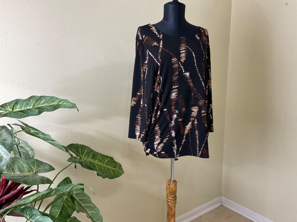 Chicos Travelers Size 2 Large 12-14 Brown/cream  3/4 Sleeve Shirt Top made USA
